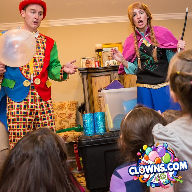 Princess Anna and a Clown performing magic tricks