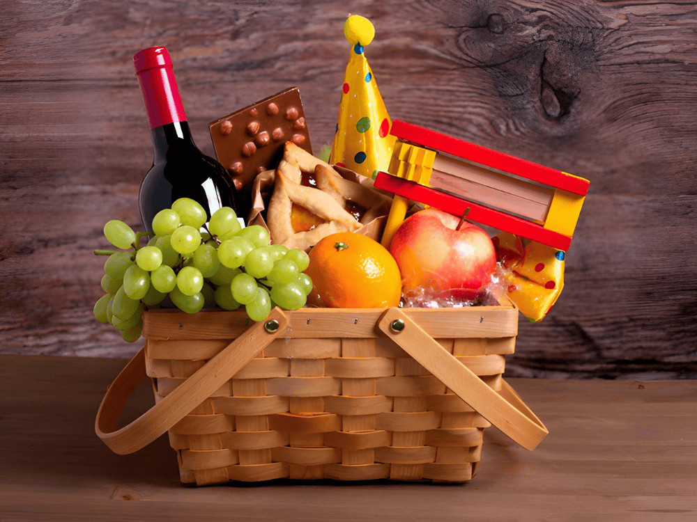 Basket full of fruits and wine