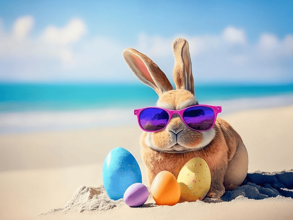 Bunny in the beach with sunglasses on