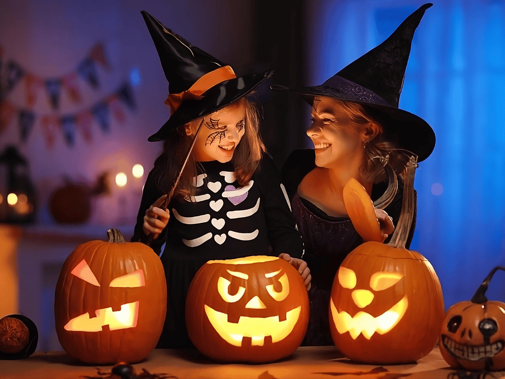 Witches carving jack o lanterns